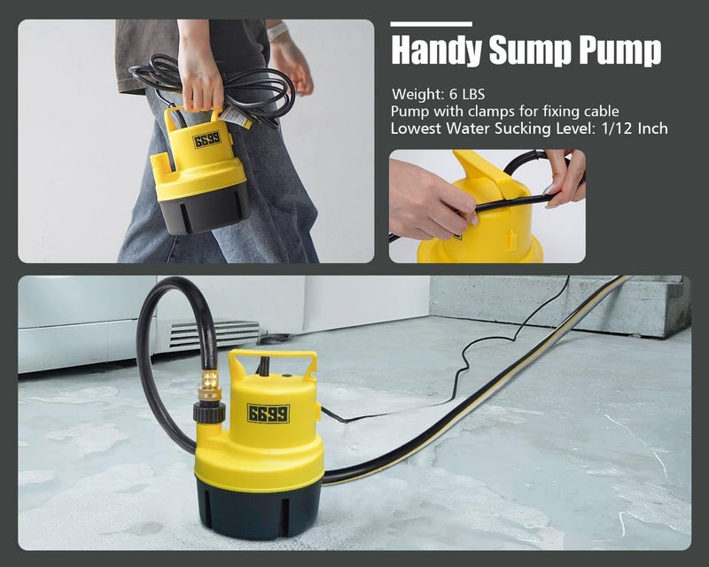 6699 Submersible Sump Pump 1/4 HP 1500GPH Utility Pump Thermoplastic Electric Portable Transfer Water Pump with 10-Foot Cord for Pool Tub Garden Pond Draining Tankless Heater Flushing - Image 3